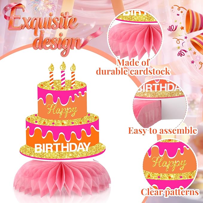12Pcs Orange Pink Birthday Decorations Honeycomb Centerpieces for Women Girls, Orange Pink Happy Birthday Table Centerpieces for Kids Adults Birthday Gift Table Topper Sign Decor Party Supplies