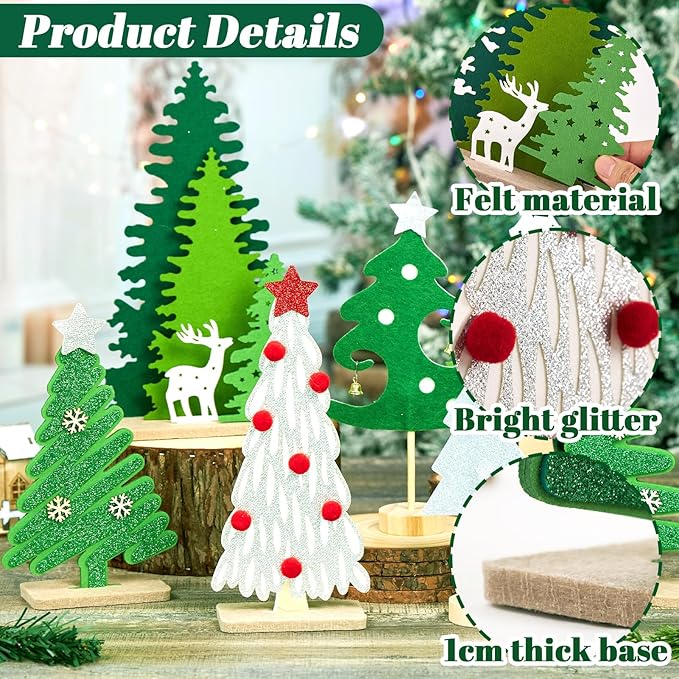 SUNBEAUTY Christmas Table Decorations 7PCS Mini Christmas Trees Felt Centerpieces for Table Decoration with Wooden Base Christmas Tabletop Home Holiday Xmas Party Decor