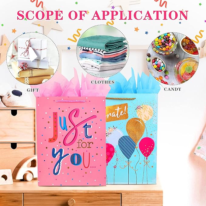 Large Gift Bag Set with Tissue Paper, Big Teal Pink Birthday Gift Bags for Women Girls Her with Handles,Pretty Assorted Birthday Gift Wrap Bags for Present Bag Party Gift Bag Gift Paper Bag for Anniversary Wedding Celebration
