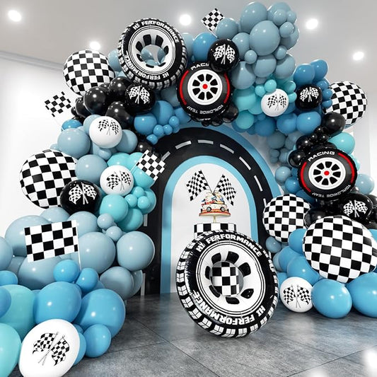 Race Car Balloon Arch Kit - 175Pcs Different Size Balloons Tire Flags Checkered Black Blue White Balloon Garland Kit for Racing Car Two Fast 2nd Theme Birthday Anniversary Party Decorations