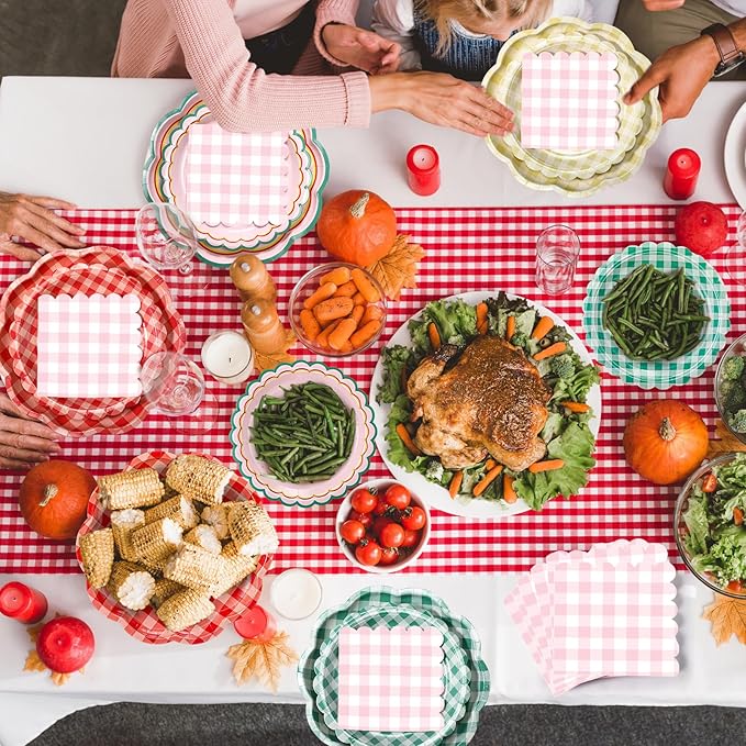 216 Pcs 72 Guests Camp Gingham Party Plates and Napkins Camping Gingham Paper Plates Napkins Checkered Plaid Disposable Tableware for Picnic BBQ Bachelorette Baby Bridal Shower Party Supplies