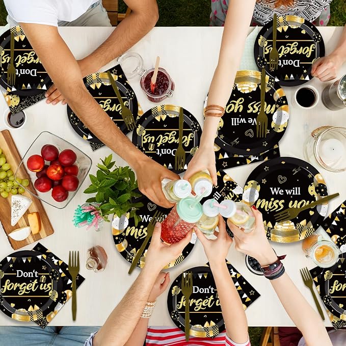 50 Guests We Will Miss You Plates and Napkins Party Supplies Farewell Party Decoration Disposable Paper Cake Tableware Set Black and Gold Goodbye Party Dinnerware Favor for Employee Retirement, 200PCS