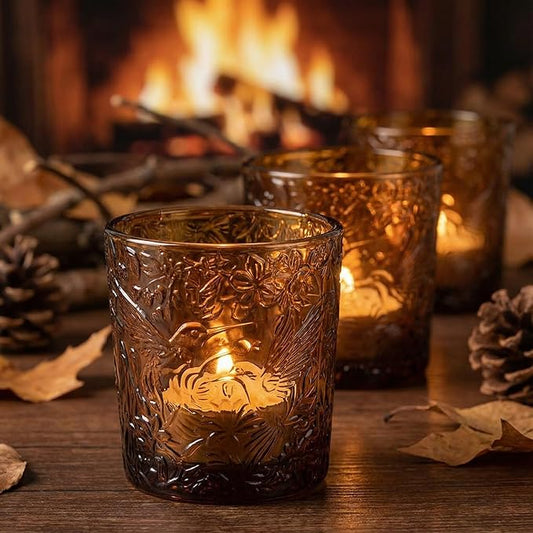 6 Pack Hummingbird Embossed Glass Candle Holders – Votive Tealight Holders with Patent Design, Decorative Embossed Glass Cups for Wedding Centerpieces, Parties, and Home Décor (Chestnut Brown)