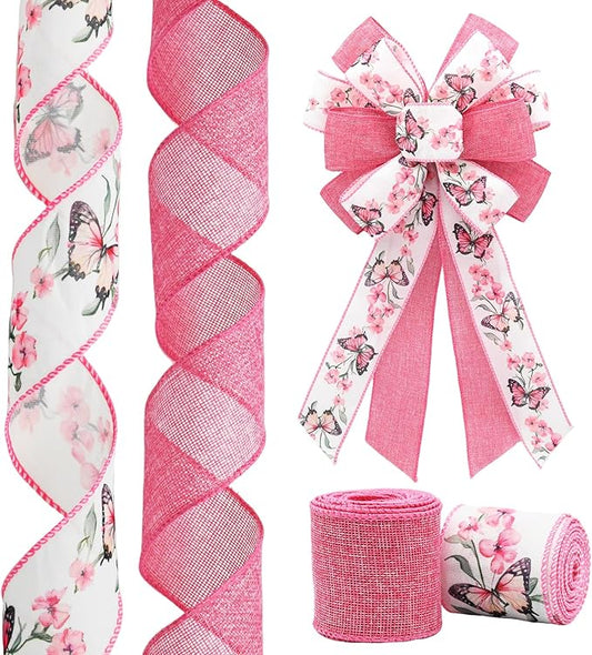 Pink Wired Ribbon for Wreath Bows, 2 Rolls, 2.5″ Wide, 10 Yards Total, Summer Pink Butterfly Floral Wired Ribbons for Crafts Supplies, Rustic Party, Wedding Ribbon Bow Decor