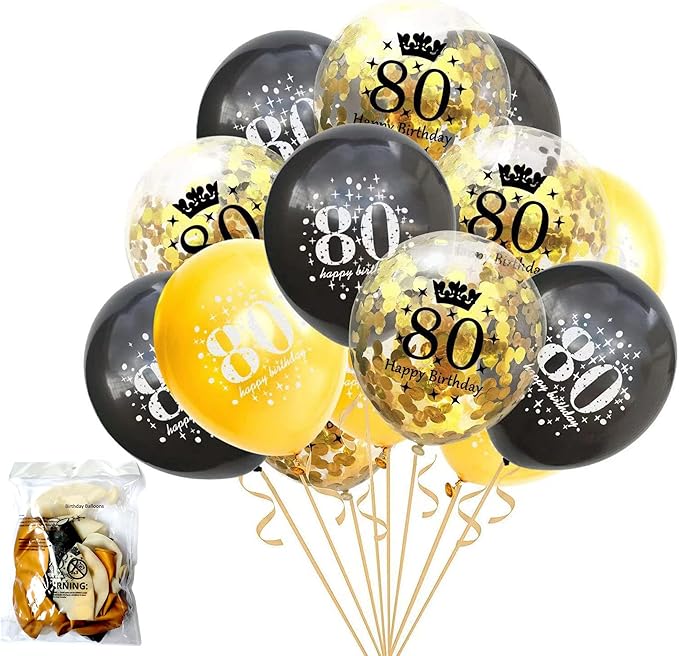 SHUNTAI 80th Birthday Balloons Black and Gold 80th Birthday Party Decorations for Men and Women Latex Confetti Balloon Happy 80 Years Old Theme Decor Supplies 12 Inch 15 Pack