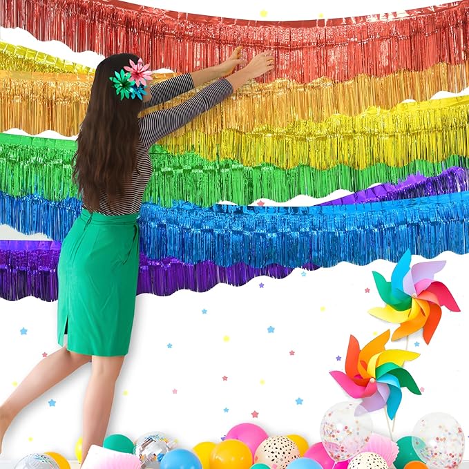LOLStar Rainbow Foil Fringe Garland Pride Decorations, 6 Pack 59Ft Rainbow Tinsel Metallic Glitter Banner, Hanging Tinsel Fringe Banners for Birthday Pride Month Parade Floats Wedding Decor