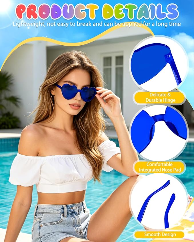 12 Pairs Heart Shaped Sunglasses Candy Color Rimless Fun Heart Glasses for Women Party Favors