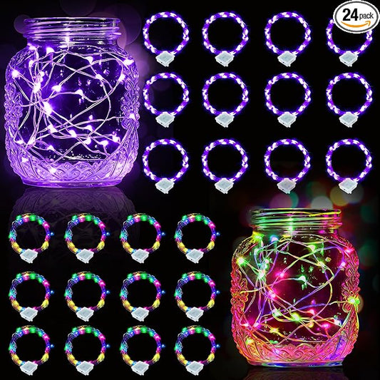 pozzolanas 24 Pack 7ft Waterproof LED Fairy Lights - Battery Operated String Lights with 20 LEDs for Home, Mason Jar, Party, Wedding, Halloween, Christmas Decorations (12 Multicolor & 12 Purple)