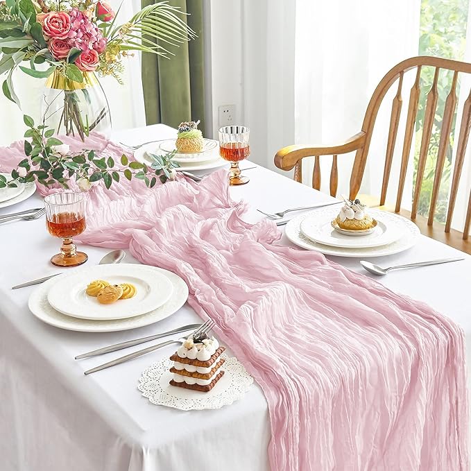 IVAPUPU 4 Pcs Cheesecloth Table Runner - 10ft Pink Spring Boho Gauze Cheese Cloth Table Runners for Baby Shower Decorations Wedding Party Summer Garden Farmhouse Decor
