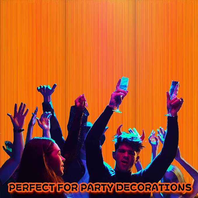 2 Pack Glow in The Dark Curtains Party Supplies 6.6 x 3.3 Ft Glow Tinsel Foil Fringe Curtains Orange Photo Booth Prop Backdrop Streamer for Birthday Holiday Neon Party Decorations