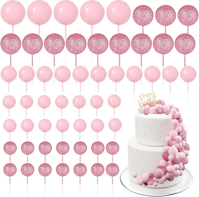 60Pcs Glitter Cake Balls Decorations Foam Cake Topper Balls Mini Balloon Cupcake Toppers for Cake Decorating Birthday Baby Shower Party (Glitter Pink)