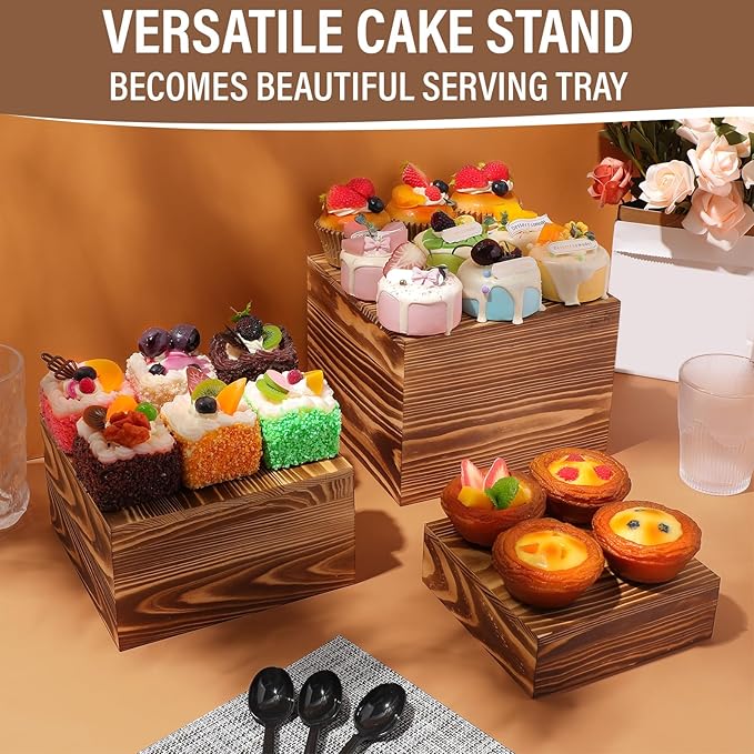 Barydat 3 Pcs Vintage Brown Wood Cake Stand Rustic Wooden Display Risers for Party Display Square Stackable Display Box for Dessert Appetizer Storage Organizer Engagement Reception Wedding Party