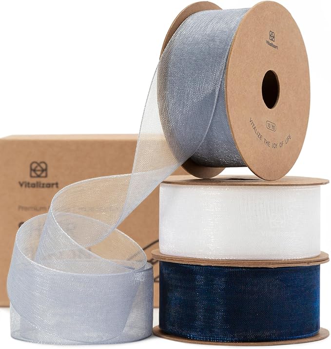 Vitalizart Blue & White Organza Sheer Ribbon 1 inch x 30 Yd Handmade Fabric Ribbons for Gift Wrapping Christmas Tree Crafts Bows Wedding Invitations Wreaths Wrap