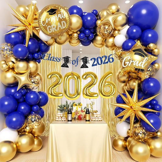 Blue and Gold Graduation Decorations 2026 with Fringe Curtain Banner Metallic Gold Confetti Royal Blue White Balloons for Graduation Decorations 2026