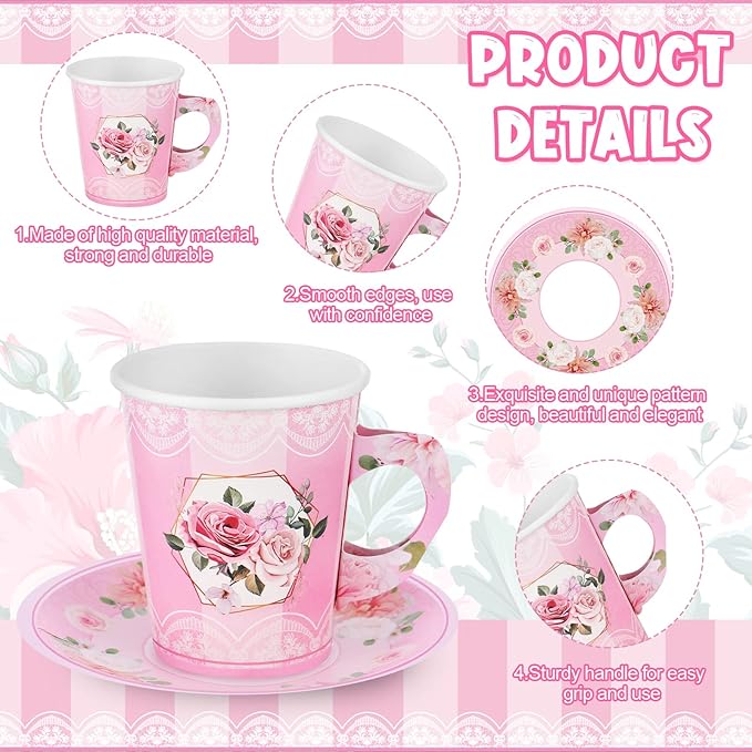 Zopeal 100 Pcs Disposable Tea Party Decorations 9 oz Floral Paper Cup with Handle and Saucer Set for Mother Day Wedding Birthday Spring Princess Blossom Party Baby Shower Supplies(Pink)