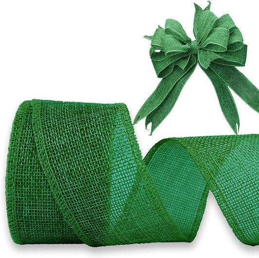 Dark Green Burlap Ribbon 2 inch X 10 Yard Natural Dark Green Woven Ribbon DIY Handmade Solid Wired Edging Production Wreath Holiday Decoration Gift Ribbons for Gift Wrapping Green Ribbons
