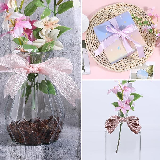 BEEFLYING 3 Styles Pink Wire Edged Ribbons for Gift Wrapping Decoration 25~28mm×2.7m Organza Satin Ribbon Silk Ribbon for Wedding Party Decoration Hair Bows Flower Designs Sewing and Craft, 9 Yards