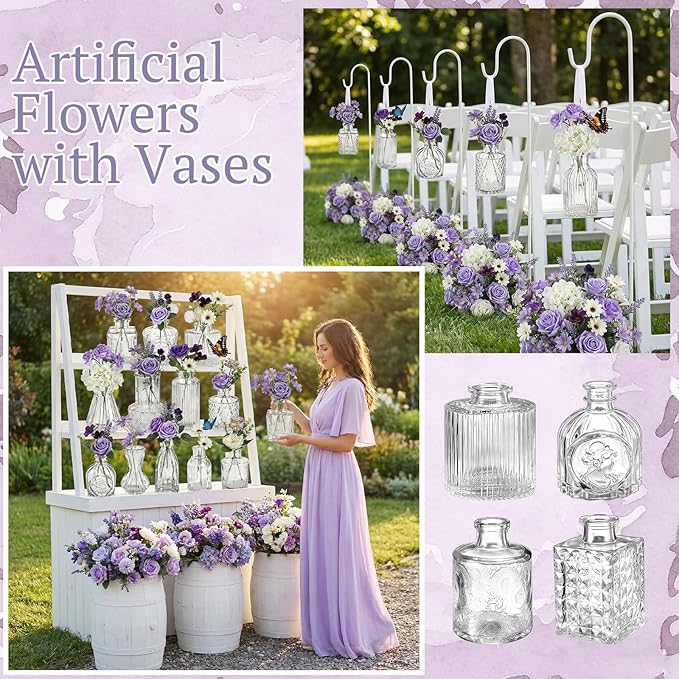 36 Pcs Artificial Flowers Table Centerpiece with Vases Spring Colorful Wildflower Centerpieces Silk Flower Arrangement for Wedding Baby Shower Table Centerpieces Party(Purple Series)