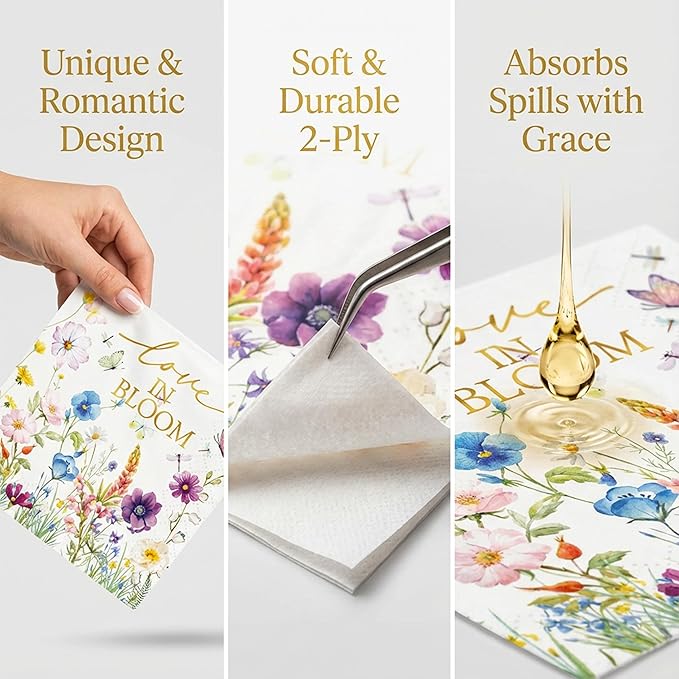 100 Pcs Cocktail Napkins Bulk, Love in Bloom Floral Paper Napkins Disposable, Everyday Beverage & Dinner Napkins for Wedding, Bridal Shower, Party Decorations, Bathroom Guest Towels
