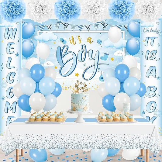 Baby Shower Decorations Banner for Boy Blue Welcome Baby It’s A Boy Banner Backdrop Blue Baby Shower Balloons Tablecloth Paper Pom Poms for Baby Boy Shower Birthday Party Supplies