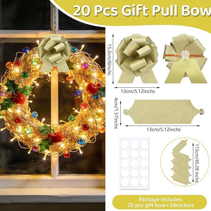 20 pcs Gold Pull Bow for Gift Basket Wrapping Xmas Gift Bows Presents Adhesive Wrap Ribbon Bow for Christmas Tree Ornament Wine Bottles Bouquet Flower Valentine's Day Party Decor (Gold-L)