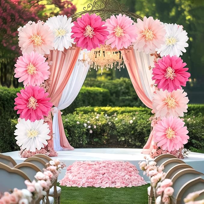 12 Pcs Pink Tissue Paper Flowers Daisy Tissue Paper Pom Poms Party Decorations Spring Party Decoration Paper Flowers Decorations for Wall Backdrop Garden Wedding Decor
