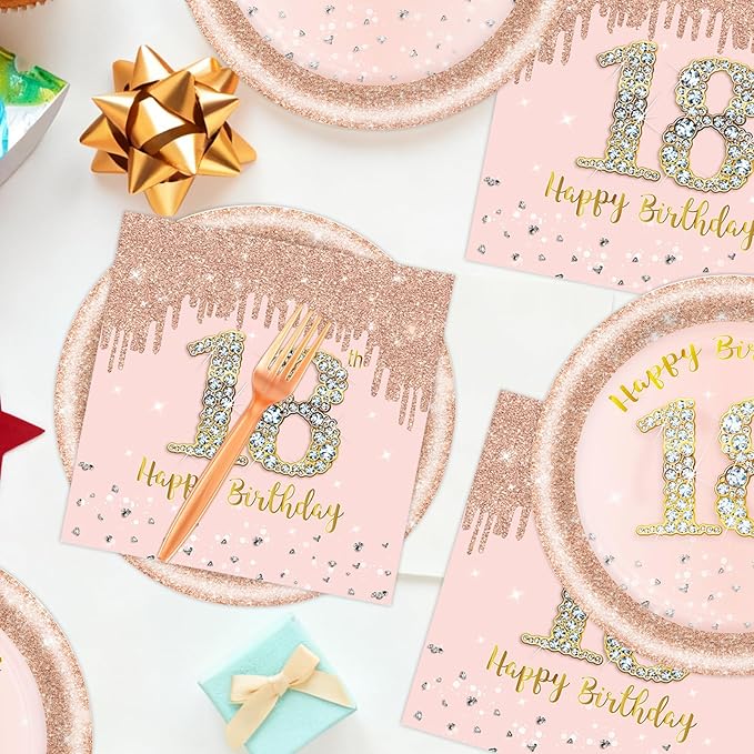 60 PCS 18th Birthday Decorations for Women, 18th Birthday Plates and Napkins Rose Gold Disposable Tableware Set Party Supplies for Women Cheers to 18 Years Anniversary (18TH)