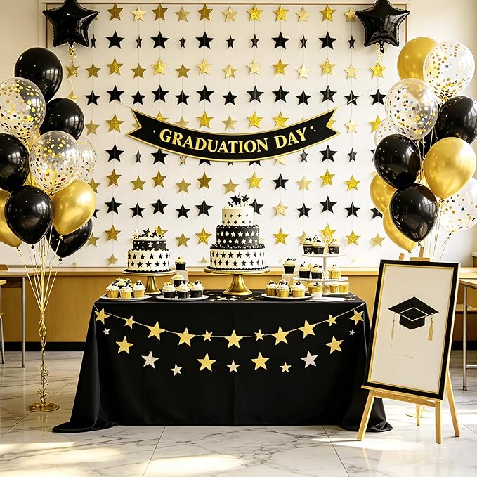 40Ft Black Gold Glitter Star Garland Double Sided Hanging Star Streamers, 2026 Graduation Decor Star Banner for Black and Gold Party, Birthday, Wedding, New Year Eve Party Supplies