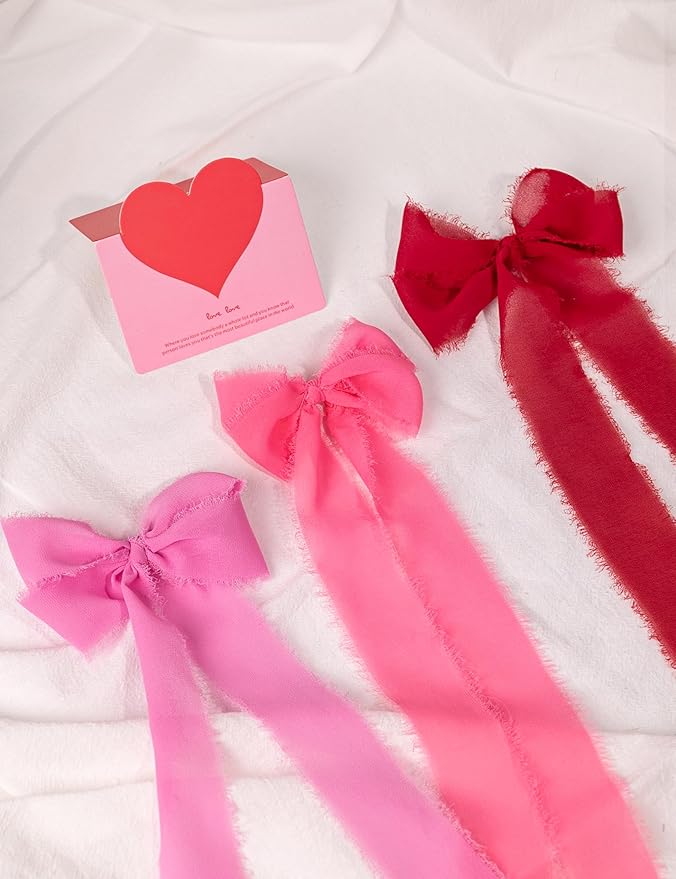 Chiffon Ribbon, Valentine's Day Party Decoration, 1.5''x21Yd Pink Red Frayed Fringe Handmade Silk Ribbons for Rose Floral Gift Wrapping, Wedding, Birthday, Engagement, Bridal Shower, 3 Rolls