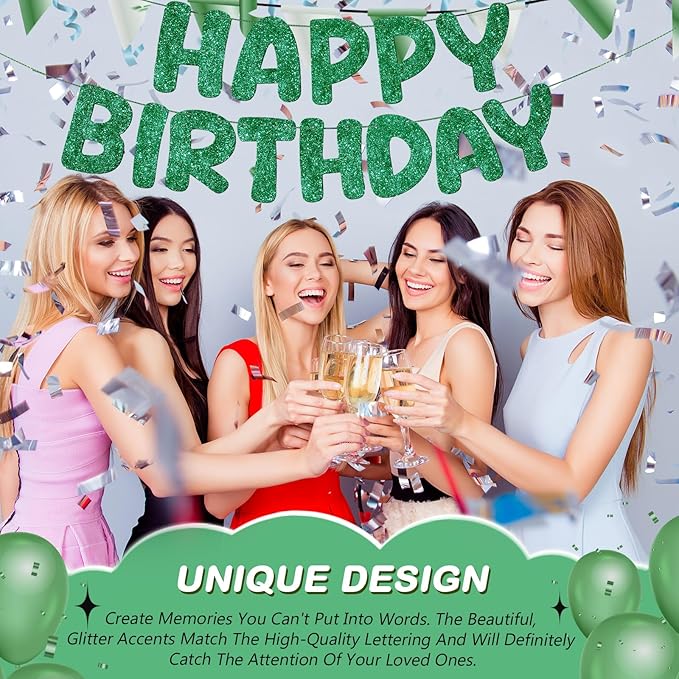 Fulmoon Glitter Pre Strung Happy Birthday Banner No DIY Party Decorations Happy Birthday Sign Decor for Men Women Boy Girls Backdrop(Green)