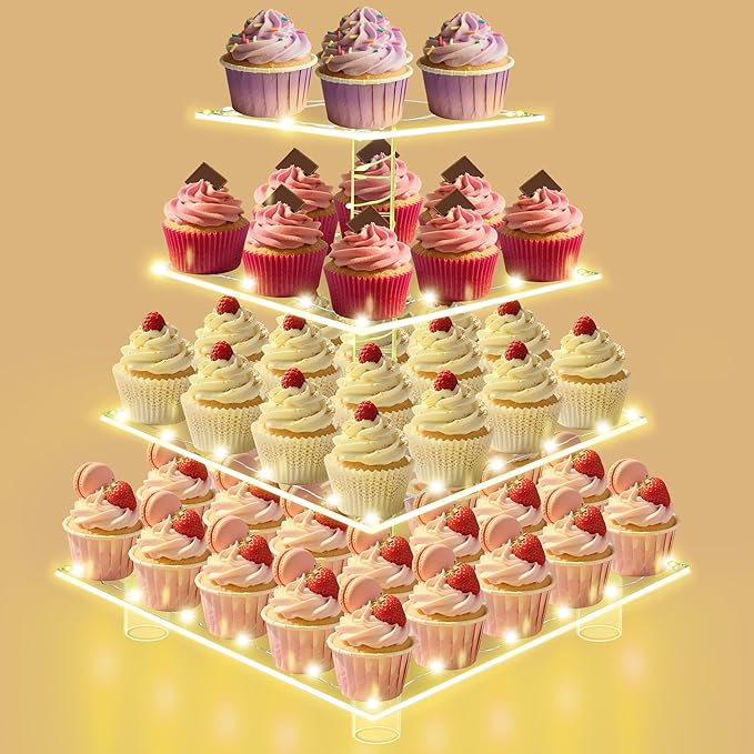 Cupcake Stand with Lights, 4 Tier Acrylic Cupcake Tower with Yellow LED String Lights, Clear Cupcake Display Stand for Wedding,Baby Shower, Birthday