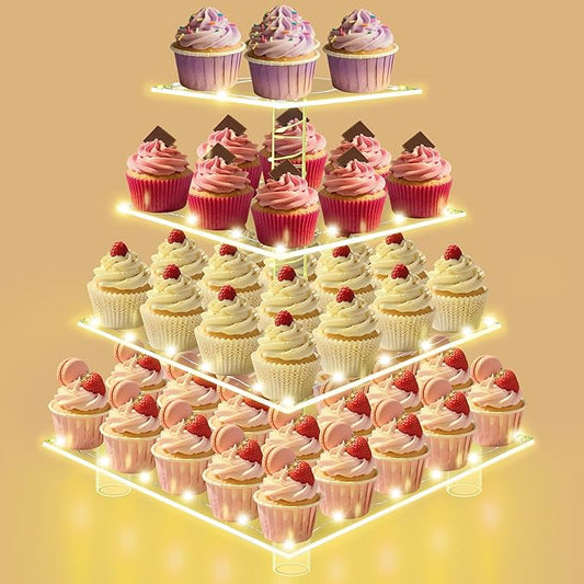 Cupcake Stand with Lights, 4 Tier Acrylic Cupcake Tower with Yellow LED String Lights, Clear Cupcake Display Stand for Wedding,Baby Shower, Birthday