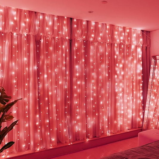 HXWEIYE 300LED Fairy Curtain Lights, 9.8x9.8Ft USB Plug-in 8 Modes Christmas String Hanging Lights with Remote for Bedroom Backdrop Wedding Indoor Wall Decor, Red, Standard – 1 Pack