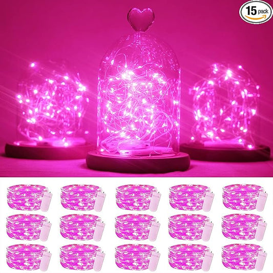 SmilingTown 15 Packs 20 Led Pink Fairy String Lights Battery Operated 6.6ft Silver Wire Firefly Starry Lights Waterproof for Bedroom DIY Table Bottle Wedding Valentine's Day Party Decor