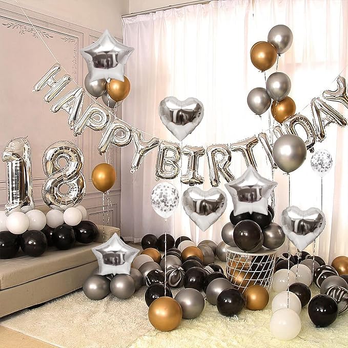 CANREVEL Happy Birthday Balloons Banner 16 Inch Mylar Foil Letters with Star & Heart Balloons Birthday Party Decorations for Men and Women - 30 Pcs Silver