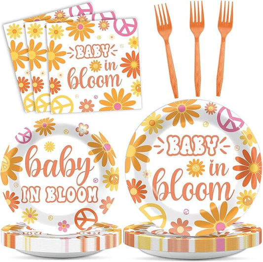 96Pcs Baby in Bloom Baby Shower Party Supplies Floral Shower Groovy Floral Paper Plates Napkins Hippie Party Decorations Boho Daisy Dinnerware Favor Tableware Serves 24