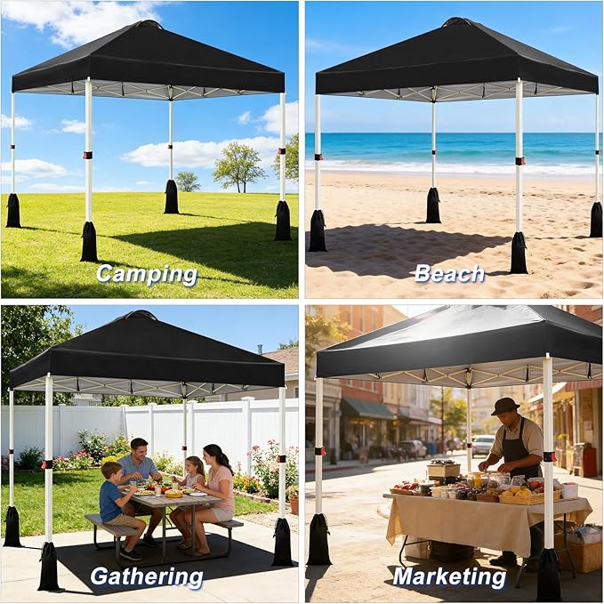 WEIZE 10x10 Pop Up Canopy Tent, 1-Button Push Setup Canopy Tent, Adjustable Height Instant Portable Shelter, Portable Roller Bag, Easy Outdoor Sun Shade for Events, 4 Weight Bags, Black