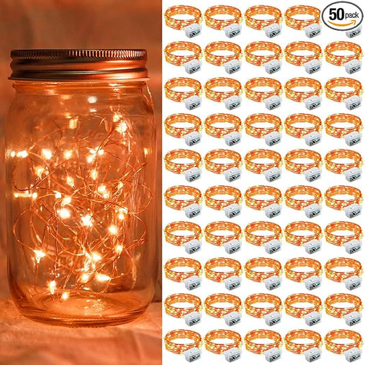 50 Pack Orange Fairy Lights 7Ft 20 LED Twinkle String Lights 3 Modes Battery Operated Waterproof Firefly Starry for Mason Jar Party Wedding Christmas Valentines Day Table Centerpieces