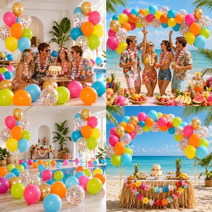 Tropical Balloons, 60Pcs Summer Balloon Hot Pink Orange Teal Blue Yellow Green Gold Colorful Balloons with Rainbow Confetti Balloon for Hawaiian Aloha Luau Pool Birthday Beach Party Decorations