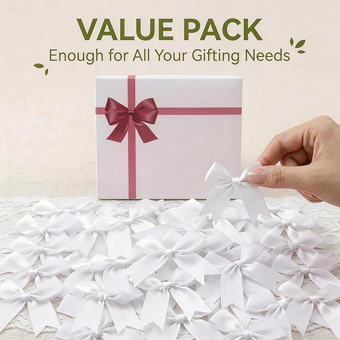 White Gift Wrap Bows – 50pcs 3.3 Inch Elegant Satin Bows for Gift Wrapping, Wedding Decor, Baby Shower, Party Decorations, Birthday, Easter, Christmas, Anniversary, DIY Crafts, Gift Bags