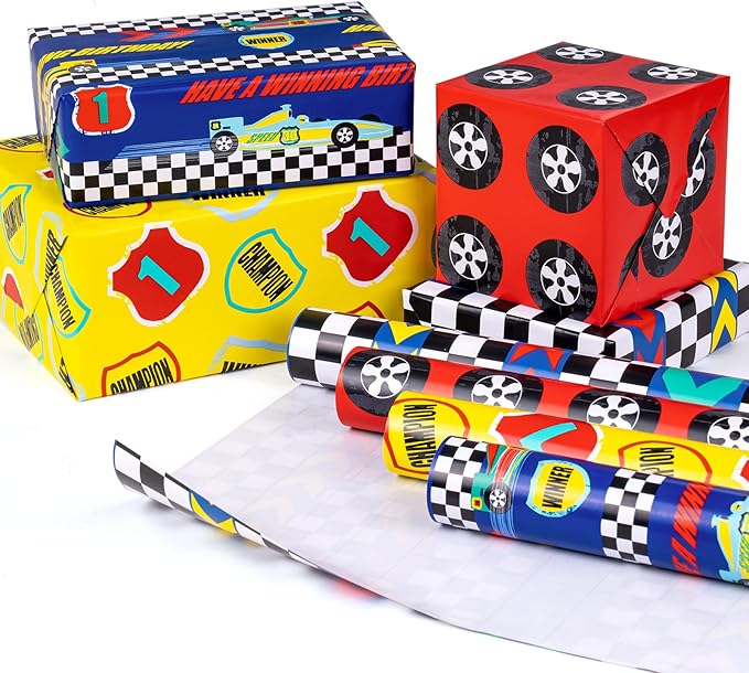 WRAPAHOLIC Birthday Wrapping Paper Roll - Mini Roll - 4 Rolls - 17 Inch X 120 Inch Per Roll - Cool Racing Cars and Autodrome Print for Birthday, Party, Baby Shower Packing