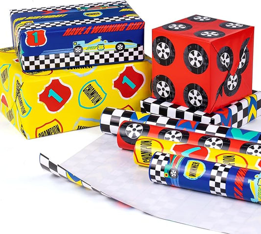 WRAPAHOLIC Birthday Wrapping Paper Roll - Mini Roll - 4 Rolls - 17 Inch X 120 Inch Per Roll - Cool Racing Cars and Autodrome Print for Birthday, Party, Baby Shower Packing