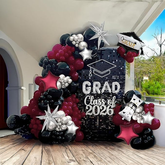 130 Pcs Maroon Black Silver Balloon Arch Kit with GRAD Letters & Graduation Cap Foil Balloons, Star Accents for Senior Night Decorations, Class of 2026 Prom & Party Supplies