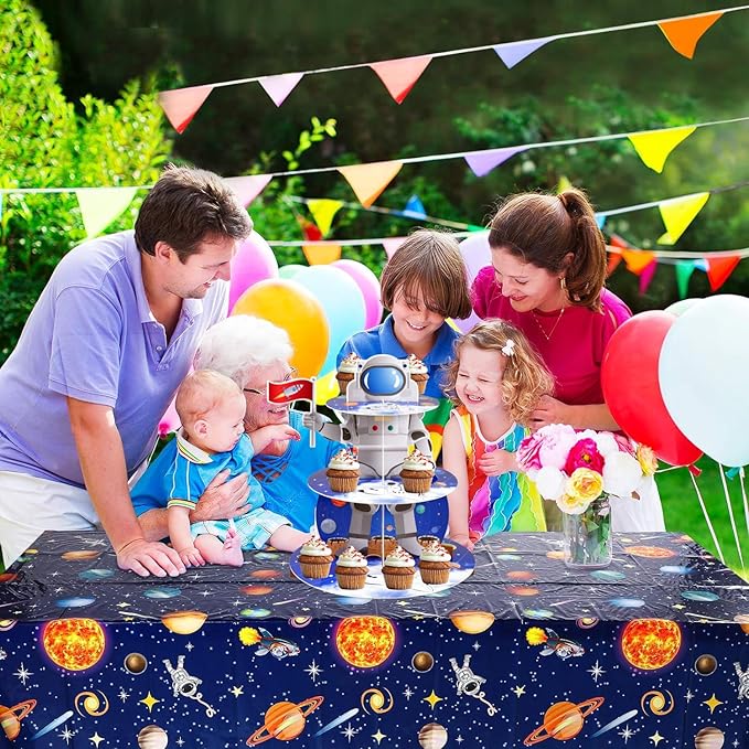 Space Astronaut Cupcake Stand Space Themed Birthday Party Decorations 3-Tier Cardboard Cupcake Holder stand Galaxy Style Dessert Tower Display for Party Supplies