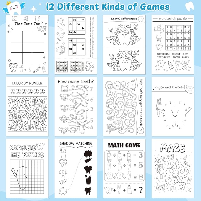 Tooth Activity Books for Kids - 24Pcs Cute Tooth Fairy Mini Games Coloring Book Set Bulk Cartoon Novelty Teeth Themed Mazes Word Search Word Scramble Games for Classroom DIY Art Gifts Party Favors