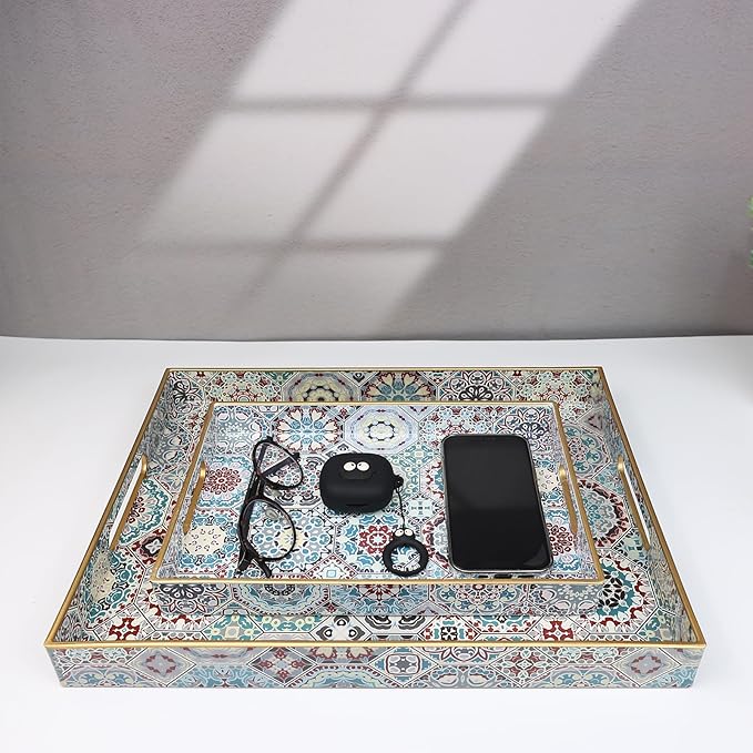 Spsyrine Decorative Serving Tray with Handles, Lacquered Coffee Table Tray for Ottoman, Rectangular Waterproof Platters for Centerpieces, Parties, Living Room, Kitchen Counter Organization SP3040RE2