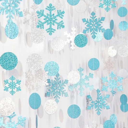 Snowflake-Snow Teal-Silver Christmas Party-Decoration Garland - 52Ft Turquoise White Winter Wonderland Frozen Hanging Paper Streamers,Birthday New Year Baby Shower Classroom Decor Lasting Surprise