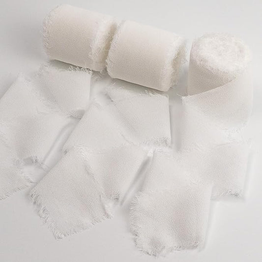White Chiffon Ribbon, Silk 1.5''x21Yd Handmade Frayed Fringe Ribbons for Wrapping, DIY Bows, Invitations, Bridal Bouquets, Crafts, Birthday, Wedding, Halloween, Party Decorations, 3 Rolls