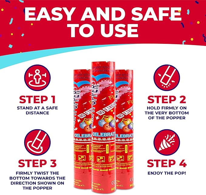 Toysery 12 Pack Confetti Cannons - Multicolor Compressed 12-inch Large Party Poppers for Birthdays, Weddings, Indoor or Outdoor Parties, Christmas Eve, and New Year Celebrations