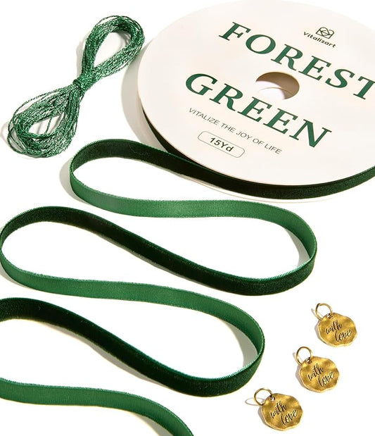 Vitalizart Green Velvet Ribbon 3/8" Continuous Fabric Trim Thin Dark Forest Green Ribbon 15Yd for Gift Wrapping, Tree Ornaments, Vintage Christmas Paper, Crafts, Bows, Holiday Decor with Gift Twine